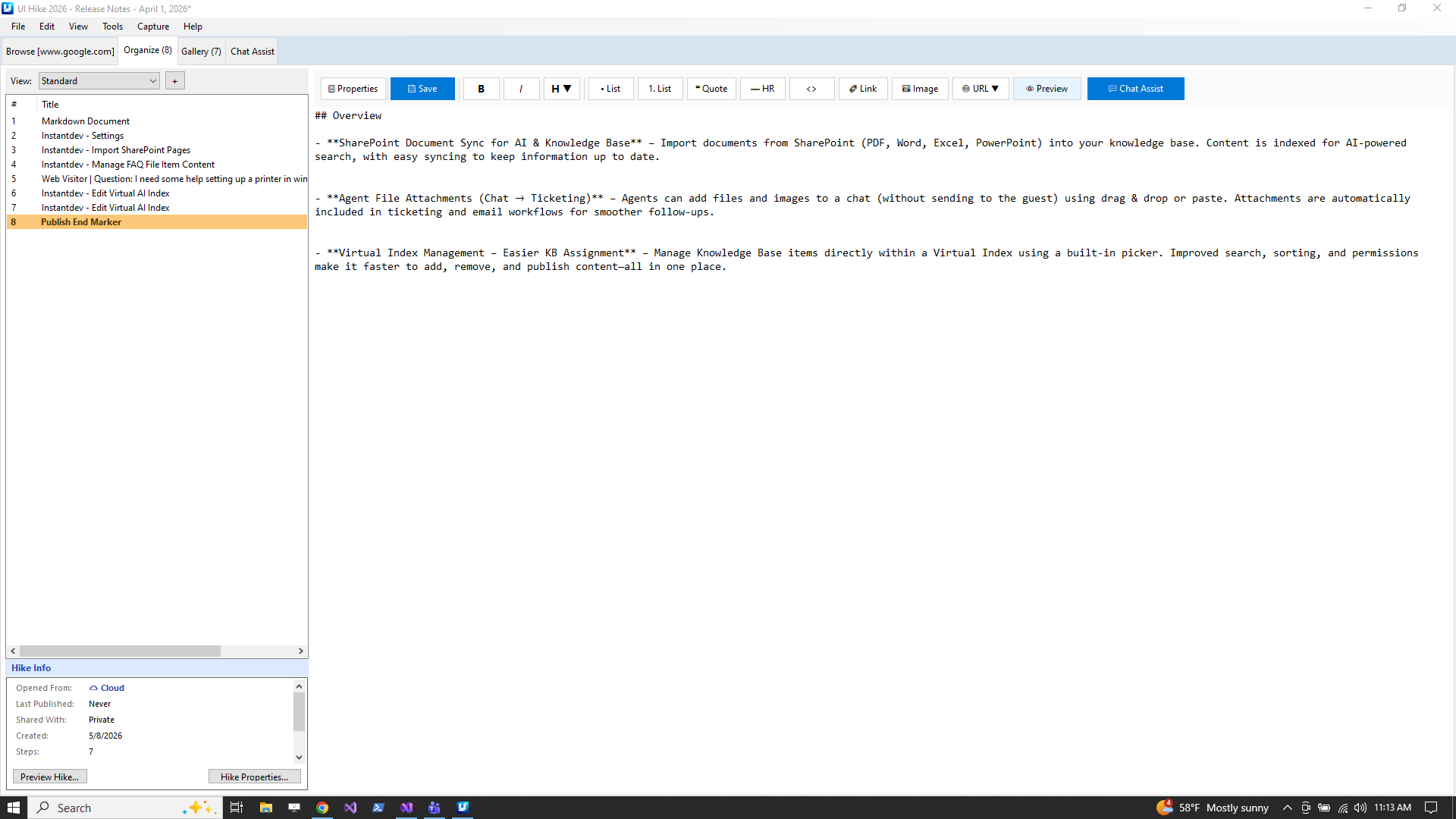 UIHike organize tab — numbered step list on the left and a markdown editor on the right
